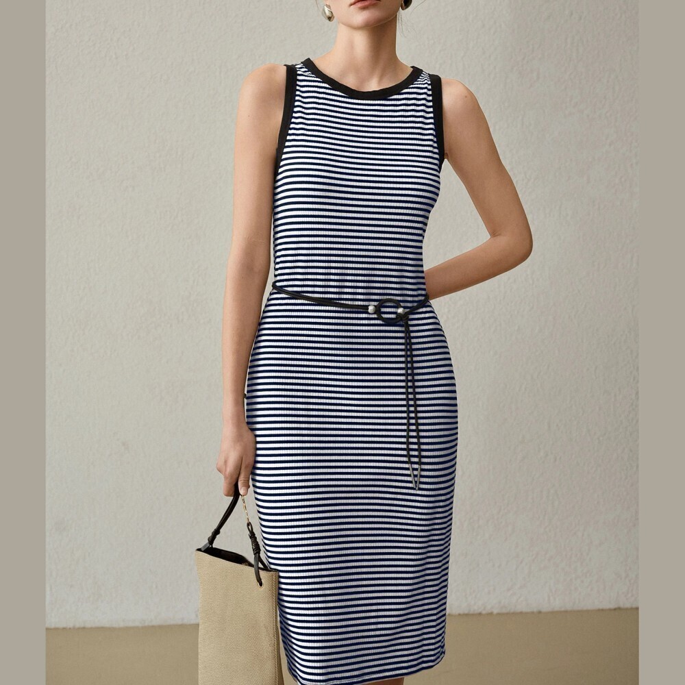Navy White Striped Ribbed Knit Contrast Trim Sleeveless Midi Dress